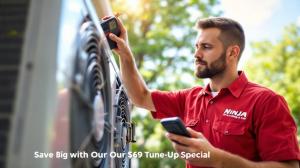 Technician performing HVAC maintenance outdoors in summer, featuring Ninja logo and $69 ac tune up special