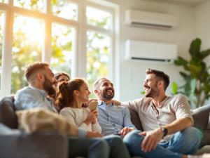 A happy family enjoying a cool, comfortable home during a hot summer day, with a modern HVAC system visible in the background.