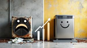 A split image showing an old, inefficient HVAC system on one side and a new, energy-efficient HVAC system on the other, with a graph or icon indicating savings.