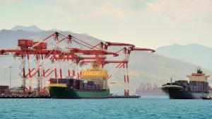 Shipping port with mountain behind