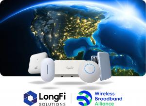 Illustration of North and Central America from space with various enterprise-grade Wi-Fi access points and routers (Cisco, Ubiquiti, Juniper Mist) representing LongFi Solutions' carrier-grade infrastructure deployments. Logos of LongFi Solutions and the W