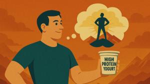 Illustration of a man holding a cup labeled “High Protein Yogurt” while imagining himself as a heroic figure on a mountain, symbolizing aspirational identity and the psychology behind symbolic consumption.