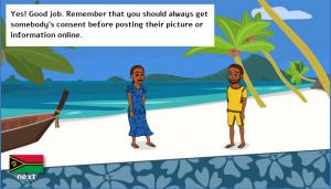 A beach is in the background and in front are two video game characters smiling and looking at each other; a text box says "Yes! Good job. Remember that you should always get somebody's consent before posting their picture or information online."