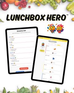 Two digital tablets display the Lunchbox Hero app interface — one showing a weekly grocery list and the other showing a customizable daily lunch builder with child-friendly visuals.