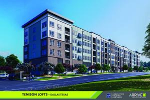 Photorealistic daytime rendering of a four‑story, contemporary apartment complex named “Tennison Lofts Apartments.” The L‑shaped façade combines white fiber‑cement panels, charcoal metal trim, light blue siding, and warm brick at the ground level. Large w
