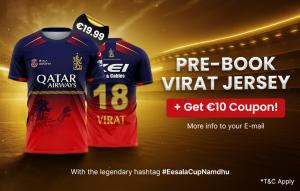 RCB-themed Virat jersey pre-order for €19.99 with €10 coupon offer from Dookan, featuring jersey front and back in stadium background.