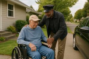 A calm and respectful scene of an elderly man in a wheelchair being gently assisted by a professional driver outside a suburban home in Tacoma, WA