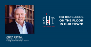 Professional headshot of Jason Barlow, a middle-aged man with gray hair wearing a dark navy suit jacket and white dress shirt. The image is positioned on the left side of a blue graphic that features the Sleep in Heavenly Peace logo and their mission stat