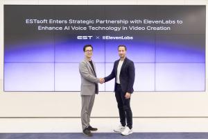 Carles Reina from ElevenLabs with ESTsoft CEO Sangwon Chung at partnership event