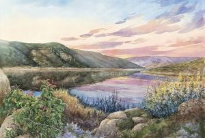 A watercolor landscape painting of a serene wetland at sunset, featuring still water reflecting soft pink and purple skies. Rolling hills surround the water, with lush vegetation and rocks in the foreground and distant birds wading in the shallows.