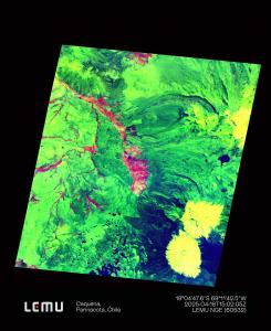 Hyperspectral false color image of Caquena, Chile, in the high-andes, showing the stark contrast between vegetation and water versus dry desert, captured by Lemu Nge on April 2025.