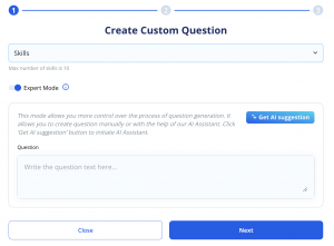 Expert Mode interface in Codeaid showing the option to manually write or generate custom interview questions with AI assistance.