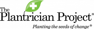 The Plantrician Project in black text with a green leaf and white cross inside, with caption Planting the Seeds of Change below.