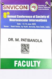 Faculty badge of Dr. M. Patibandla at the 8th Annual Conference of the Society of Neurovascular Interventions (SNVICON 2025) in New Delhi, India
