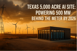 Close up of  345 kV towers running parallel to switching station, illustrating critical grid access for 500 MW to GW AI compute farm in west Texas Panhandle for power plant development
