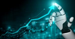 AI robotic hand interacting with stock market data, symbolizing machine learning's role in prediction.