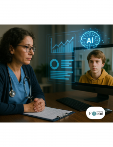 A female clinician wearing headphones sits at a desk with a laptop, reviewing a teenage patient’s virtual telehealth session on screen. Overlaid on the display are diagnostic charts, attention-tracking graphics, and the Finding Focus logo in the bottom ri
