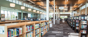 Fort Ben Branch of the Indianapolis Public Library's interior featuring wooden shelves filled with colorful books, large windows, and seating areas.