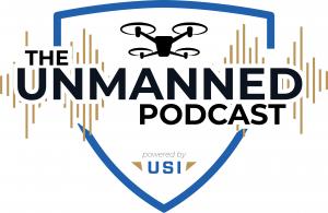 The Unmanned Podcast logo includes that text with a blue shield behind it and audio waves in the foreground