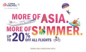 China Airlines ad featuring the text 'MORE OF ASIA. MORE OF SUMMER. UP TO 20% OFF ALL FLIGHTS'. The image includes a China Airlines airplane, small illustrations of people skydiving, paddleboarding, rafting, and biking, suggesting summer adventures. The C