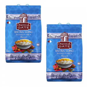 India Gate Extra Long Basmati Rice Excel, bundle of 2 packs (5kg each), featuring premium aromatic rice packaging in blue color.