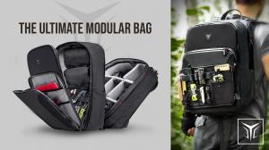 Split hero image showing VAULT3 backpack fully open with organized compartments and camera cube on the left, and a person wearing the VAULT3 outdoors with EDC gear attached on the right.