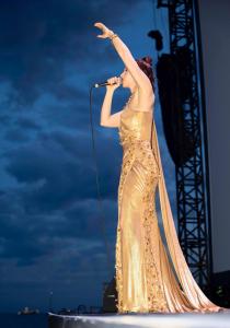 Chrystabell wears Tess Mann Atelier on stage at Tribute to David Lynch and Cerrone in Cannes, France. Photo used with permission @chrystabellofficial.