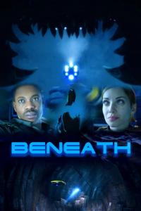 Promotional poster for the animated sci-fi film Beneath. The image features two main characters—an intense-looking Black male astronaut on the left and a focused white female astronaut on the right—set against a glowing blue, cavernous underwater landscap