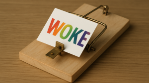 A rainbow-colored "WOKE" sign placed in a mousetrap, symbolizing the potential risks brands face when embracing woke messaging without audience alignment.
