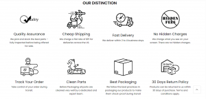 Icons highlighting quality assurance, shipping, delivery, and return benefits for auto parts customers