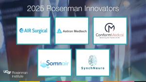Logos of the five 2025 Rosenman Innovators: AIR Surgical, Astron Medtech, Conform Medical, Somnair, and SynchNeuro, selected by the UCSF Rosenman Institute.