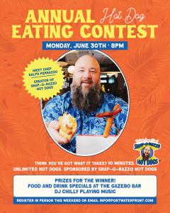 Promotional flyer for the Annual Hot Dog Eating Contest featuring Chef Ralph Perrazzo, with event details including time, location, prizes, and registration info.