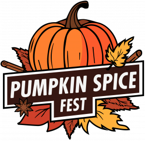 Logo for Pumpkin Spice Fest featuring a large orange pumpkin surrounded by autumn leaves, cinnamon sticks, and a star anise. The words 'Pumpkin Spice Fest' appear prominently in bold white text on a dark brown sign across the center.