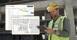 A construction worker on-site viewing a Gantt schedule on a tablet using ProjectTeam.com. The background shows active construction work, emphasizing real-time access to project timelines in the field.