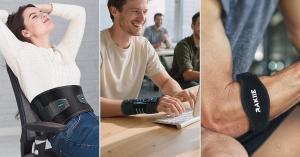 A collage showing three people using Rakiie support products in real-life scenarios: the back brace while sitting at a desk, a wrist brace while typing, and a small elbow support during light exercise. Each product helps reduce strain and improve joint st