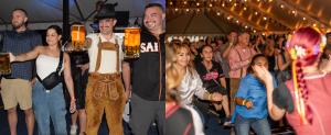 Cheerful crowd dancing in traditional attire while participants hold heavy beer steins during the stein-holding contest at Oktoberfest Miami.