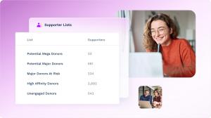 Rows of a donor CRM float on the left side while an image of a white woman looking at her laptop anchors the right side. All are on a pink background.