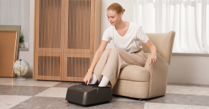 A person who has been enjoying the massage by MOUNTRAX Foot Massager after the hectic day