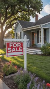 Street view image of a house with a red for sale sign in the front yard