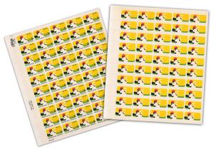 Lot 440 is an unused 50-stamp block of commemorative stamps, with black titles omitted, celebrating the centenary of professional baseball in 1969. Estimate: $15,000-$20,000.