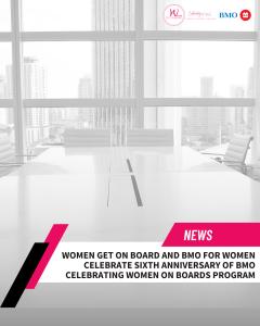 An image of a boardroom table with text overlaid that reads "Women Get On Board and BMO for Women Celebrate Sixth Anniverasary of BMO Celebrating Womeno Boards Program