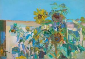 Vibrant and colorful oil on canvas painting by Nicola Simbari (Italian, 1927-2012), titled Sunflowers (1965), is expected to change hands for $3,000-$6,000.