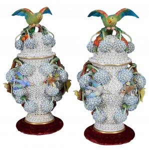 Rare pair of 19th century Meissen “Schneeballen” covered baluster vases (estimate: $6,000-$12,000).