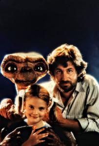 Photo of E.T. with director Steven Spielberg and actress Drew Barrymore