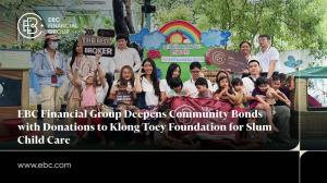 Group photo of EBC Financial Group employees and children from the Foundation for Slum Child Care in Klong Toey, Bangkok, smiling together after a CSR activity involving donations and meal sharing.