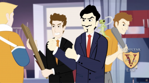 Animated scene from the TV ad, "Insurance Company Bullies." Three insurance company representatives pressuring a client into accepting a low-ball offer.