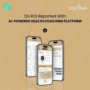 Decima AI health coaching platform mobile app screens showing dashboard, daily score tracking, and coach recommendations - developed by Kodexo Labs achieving 12x ROI