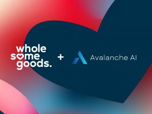 Wholesome Goods and Avalanche AI logos side by side on a vibrant gradient background with a large dark blue heart, symbolizing the acquisition partnership.