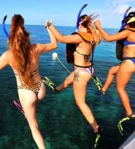 3 excited snorkelers jumping off the Calypso at Carysfort lighthouse North Carysfort reef