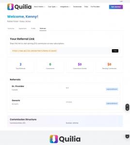 Screenshot of Quilia’s referral tracking interface showing Kenny Eliason’s referral link, referral names, status (expressed interest), and a 25% lifetime commission summary.